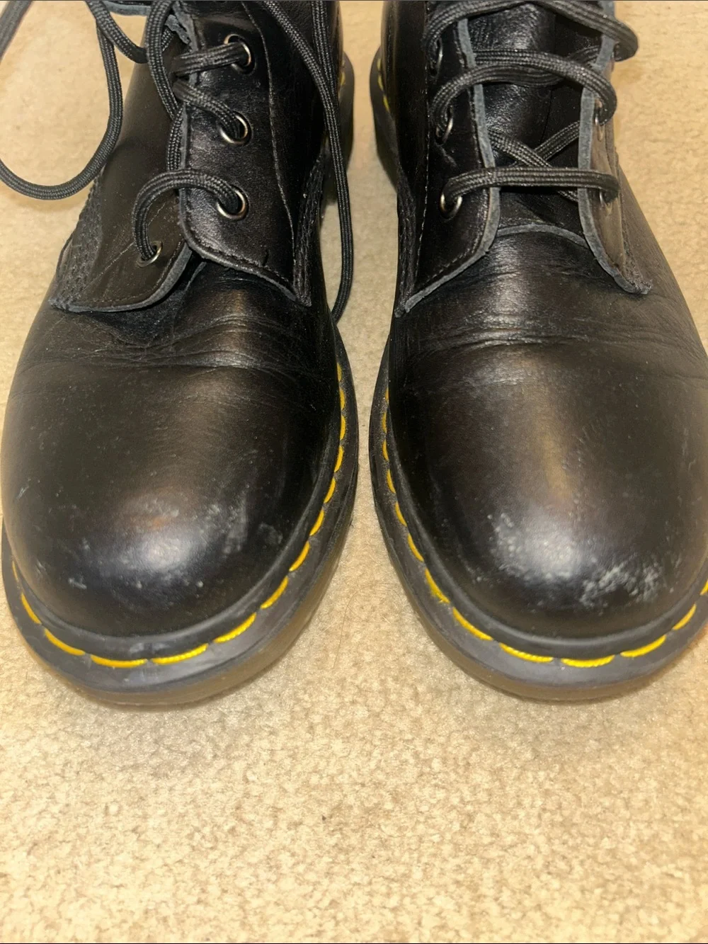 Unisex Dr. Martens 1460 Black Leather Lace-Up Boots with Yellow Stitching